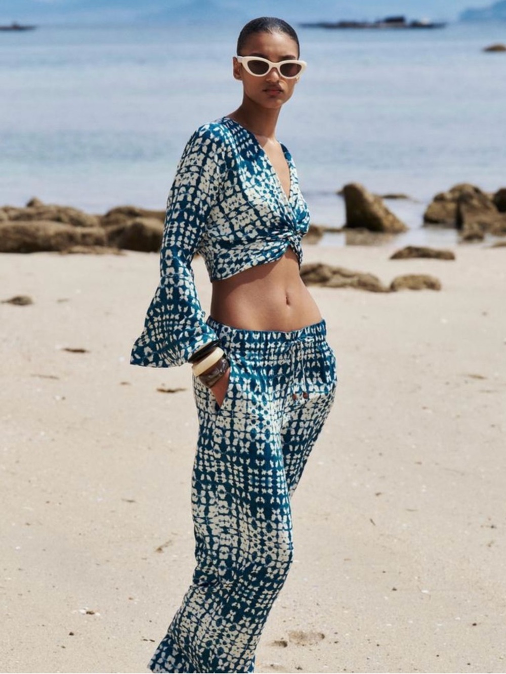 Zara Blue & White Wide Leg Tie-Dye Pants and long sleeve crop top 2 pc set
